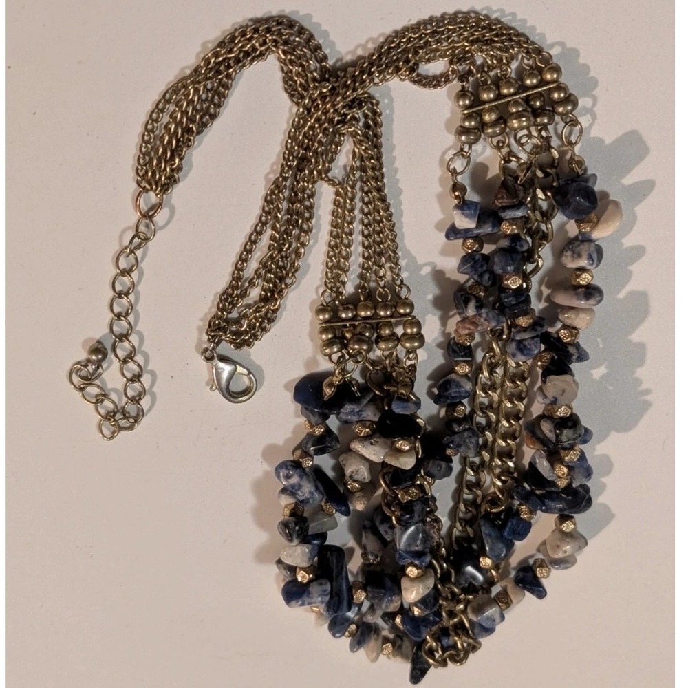 Blue Sodalite Stone Multi Strand Statement Necklace Brass Tone Chain Boho